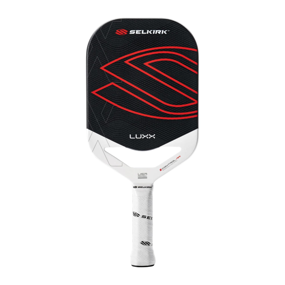 Selkirk LUXX Control Air pickleball paddle with a textured face, elongated shape, and cushioned grip handle designed for control and precision.