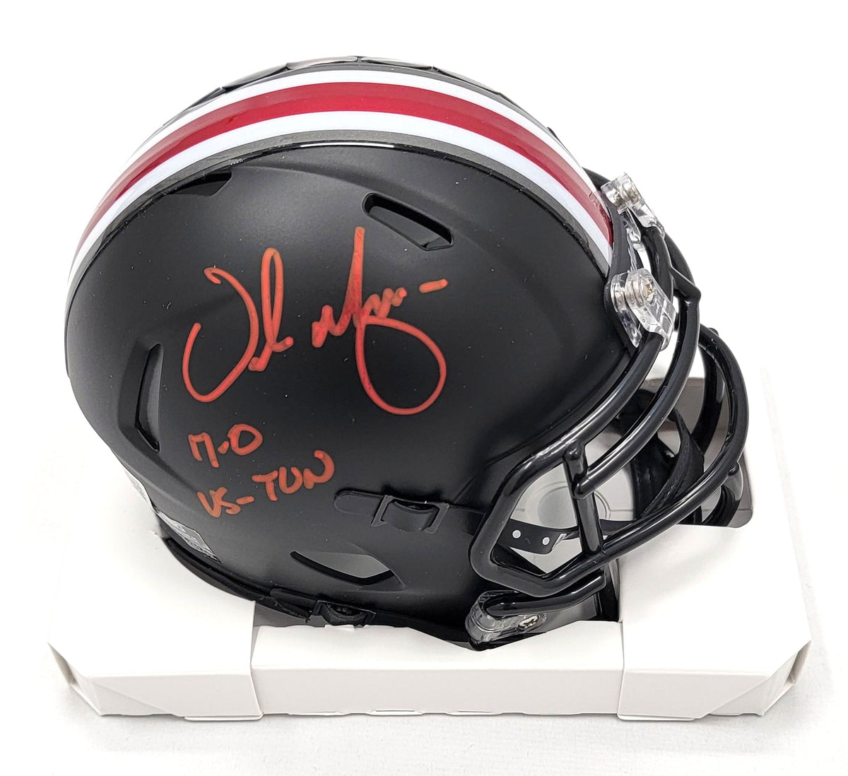Urban Meyer Autographed Ohio State Buckeyes Matte Black Mini Helmet W/ 7-0 vs TUN Beckett Witnessed Red Paint