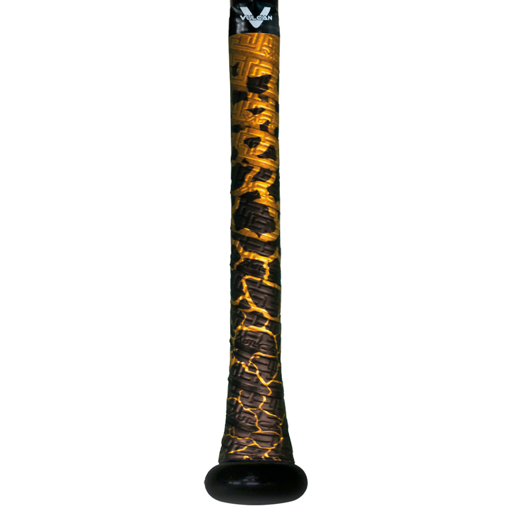 Vulcan Breaking Gold baseball bat grip featuring a black base with metallic gold crackle pattern and textured surface, wrapped around a bat handle with a black end cap in vertical view. ⚾