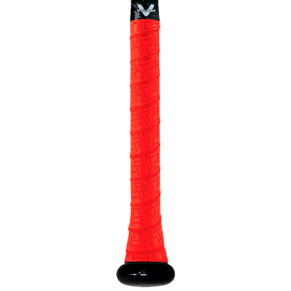 Vulcan Bright Red baseball bat grip with embossed geometric texture and black end cap, shown wrapped on a bat handle in vertical view on a light background. ⚾