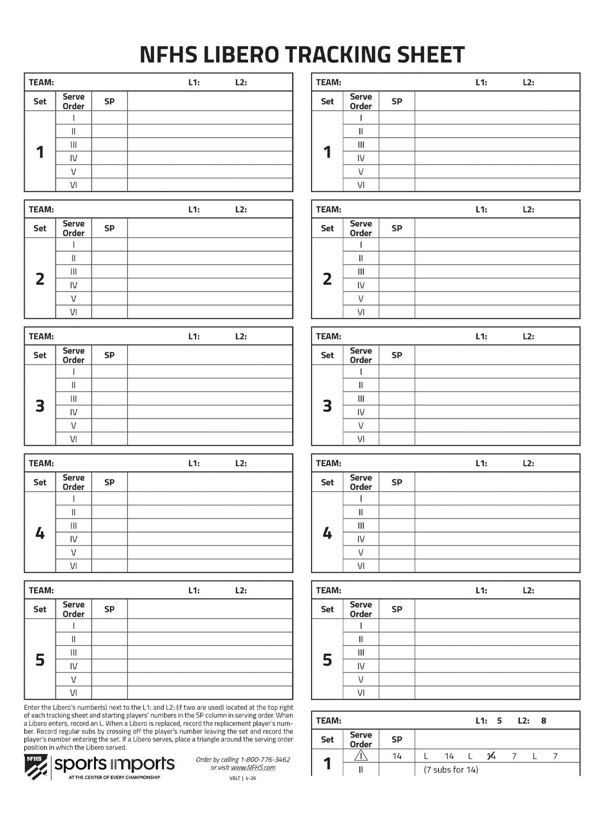 NFHS Volleyball Libero Tracking 50-sheet pad