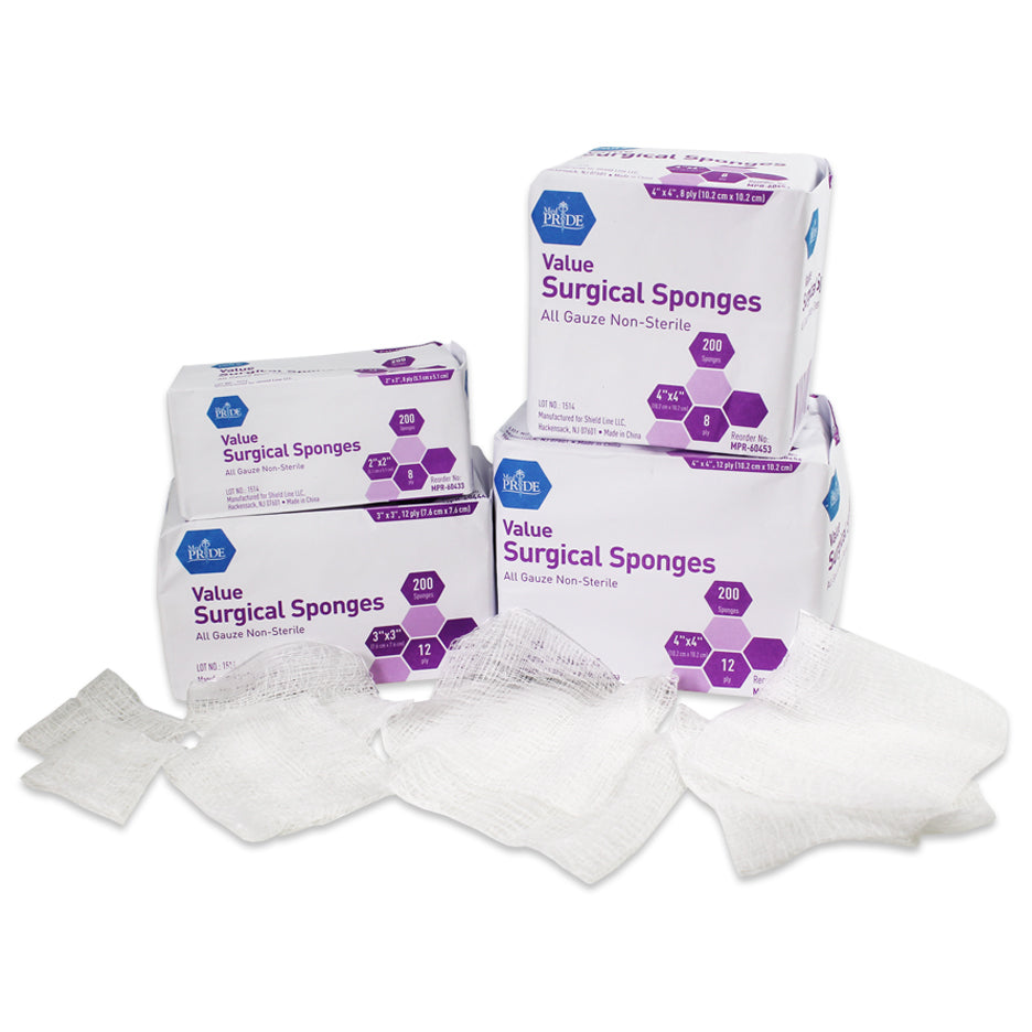 MedPride Value Gauze Surgical Sponges – Non-Sterile - 3x3 - 12 Ply - 200/box, Case of 20 (4000 Count)