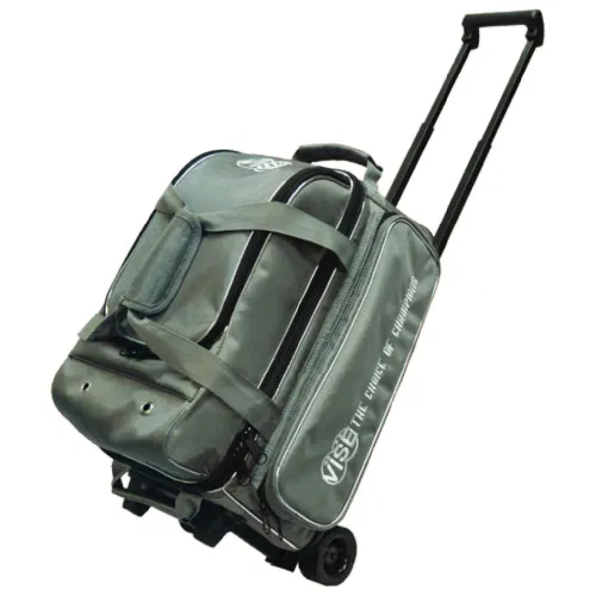 Gray bowling bag with wheels on a white background