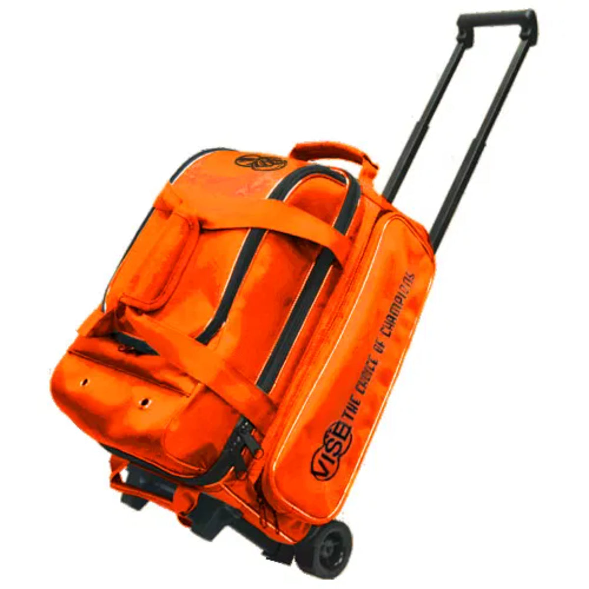 Orange rolling duffel bag with black accents on a white background