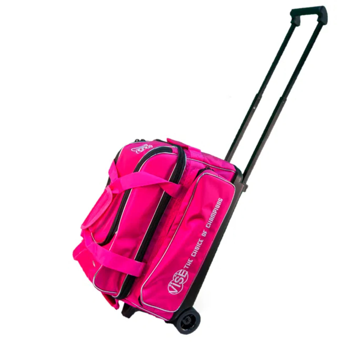 Pink rolling duffel bag with black handle and wheels on a white background