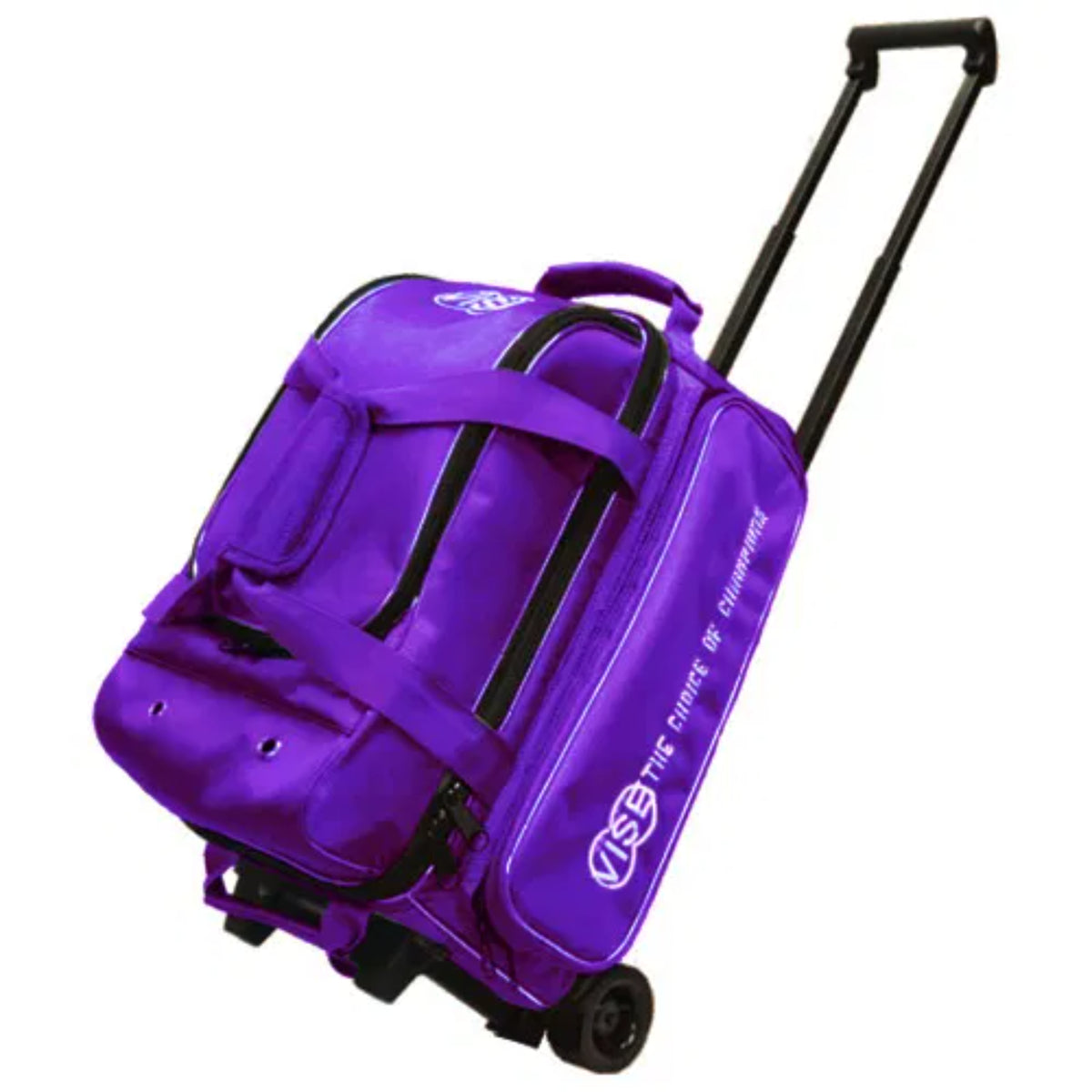 Purple rolling duffel bag with visible branding on a white background
