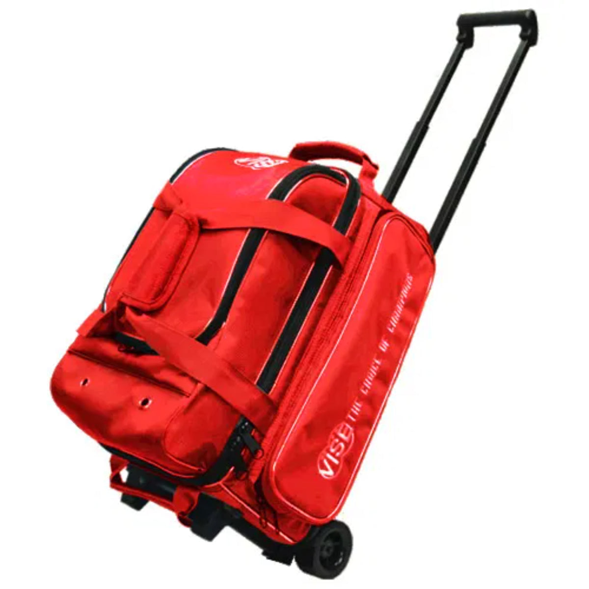 Red rolling bowling bag with black wheels on a white background
