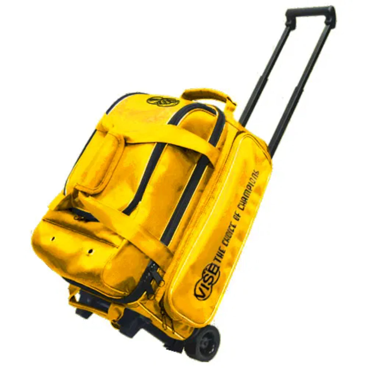 Yellow rolling suitcase with visible branding on a white background