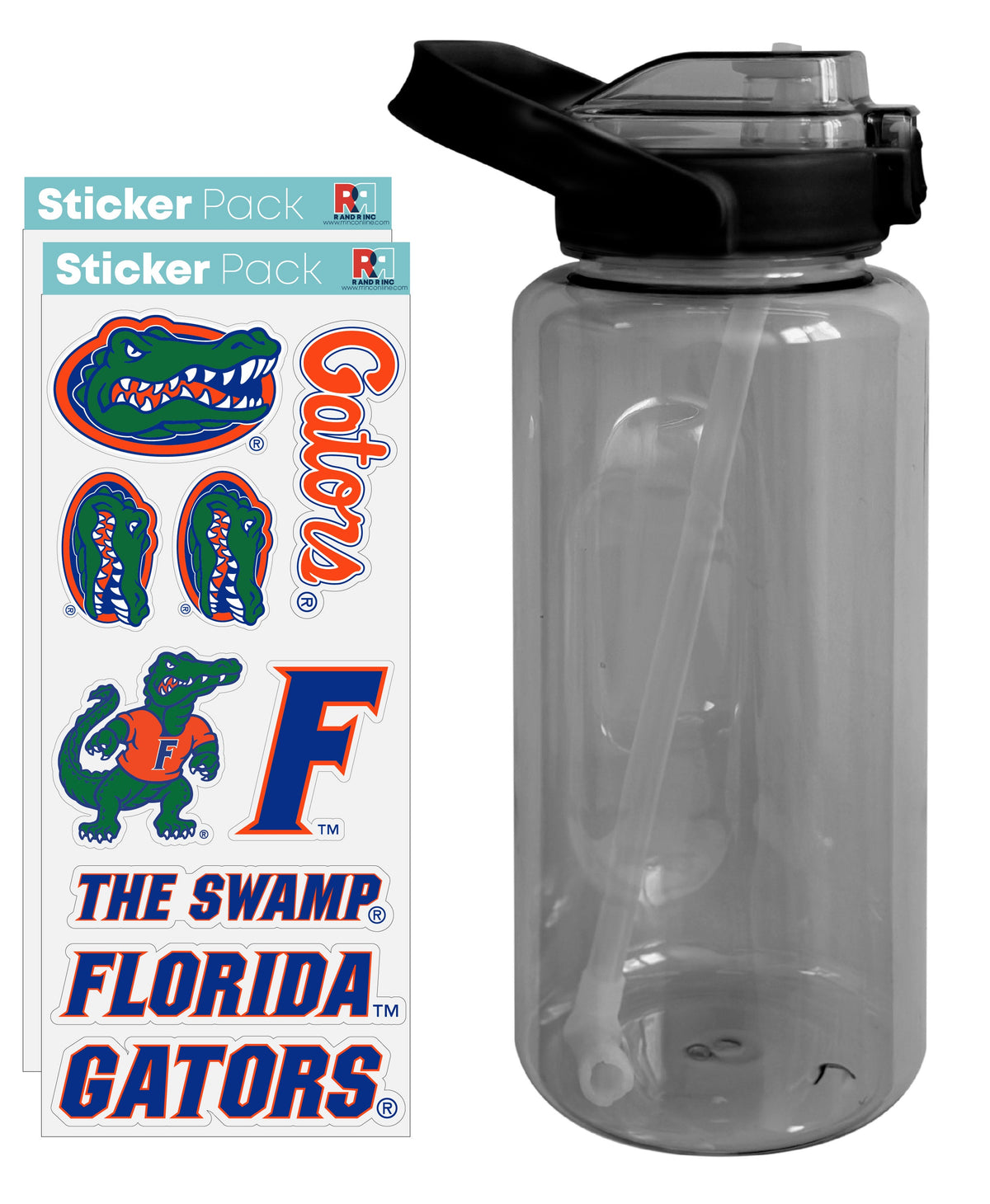 64 oz Large Water Bottle with Florida Gators Waterproof Stickers, Screw-on Top and Straw Officially Licensed Product