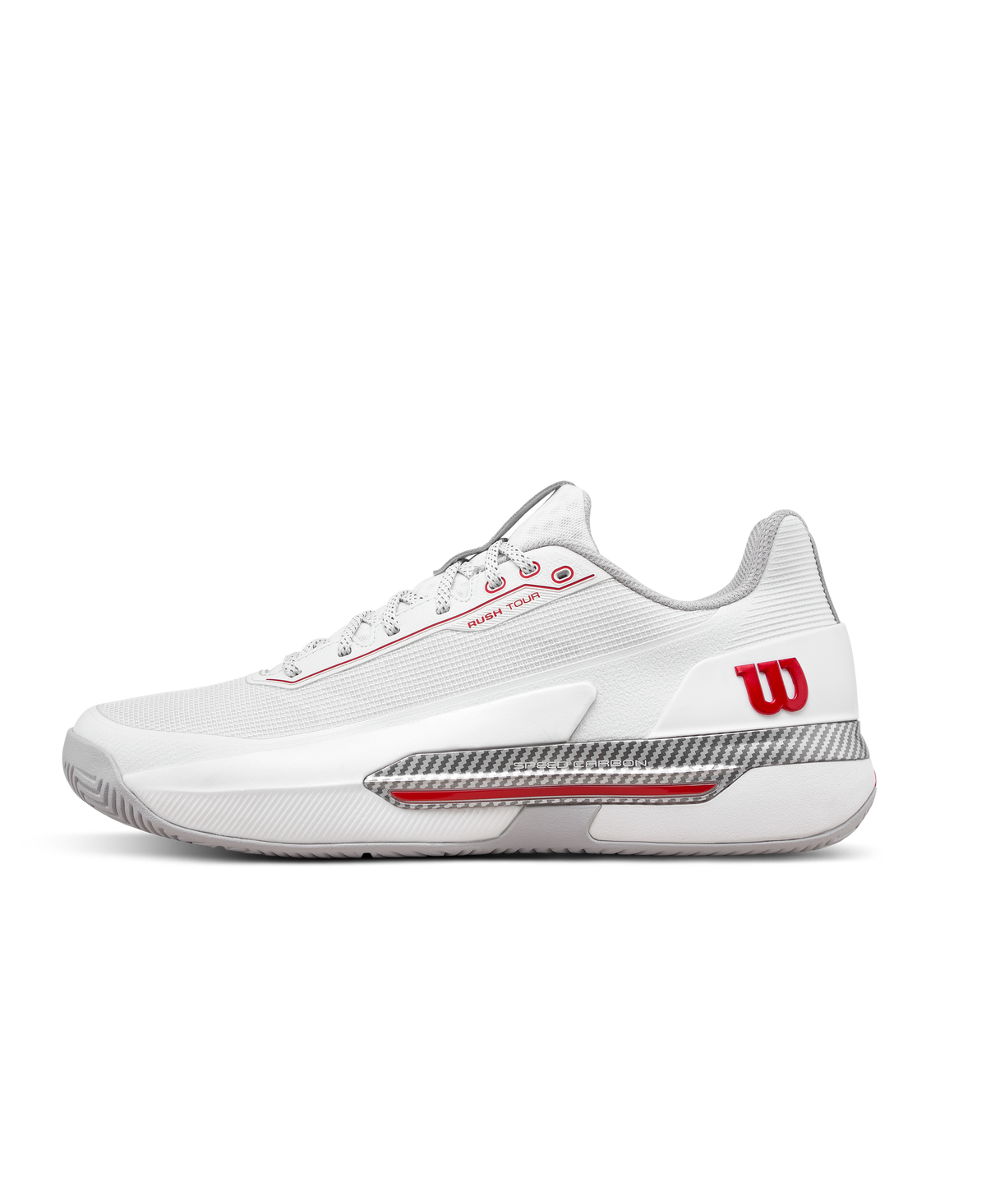 Wilson Rush Tour 5 Mens Tennis Shoes, Bright White/Wilson Red/Microchip - main view