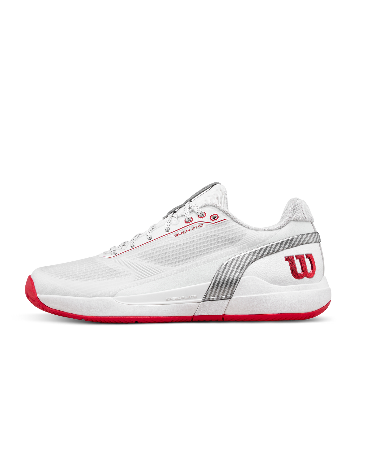 Wilson Rush Pro 5 Mens Tennis Shoes, Bright White/Wilson Red/Microchip - main view