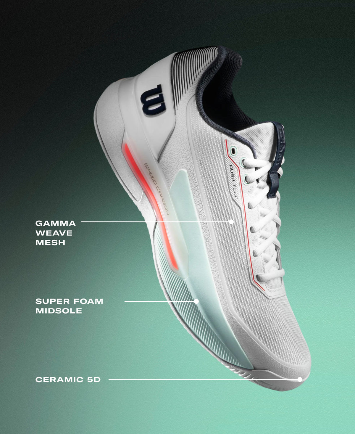 Wilson Rush Tour 5 Clay Mens Tennis Shoes, White/Bay/Fiery Coral - feature detail