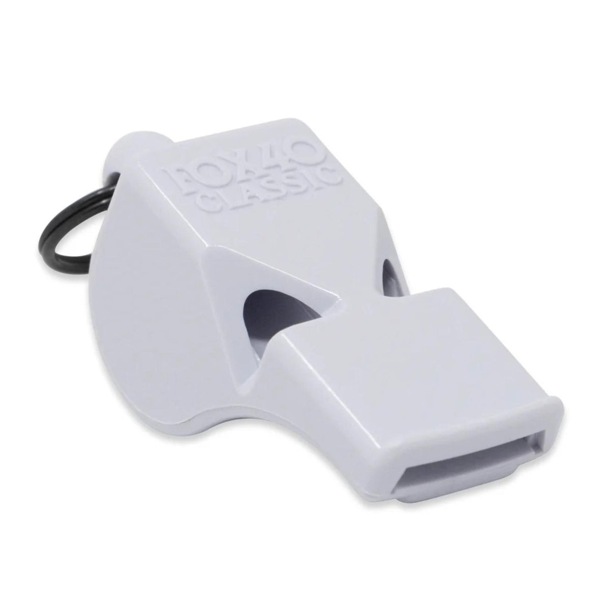 Safety whistle designed for emergency use, featuring a compact shape and key ring attachment for easy carrying.