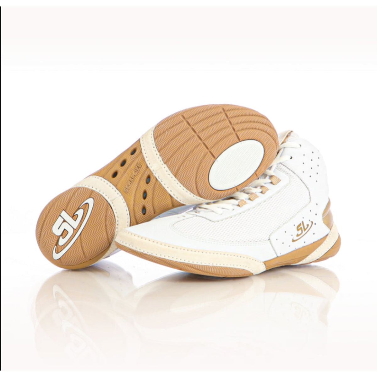 White and brown sneakers with visible brand logo on a white background