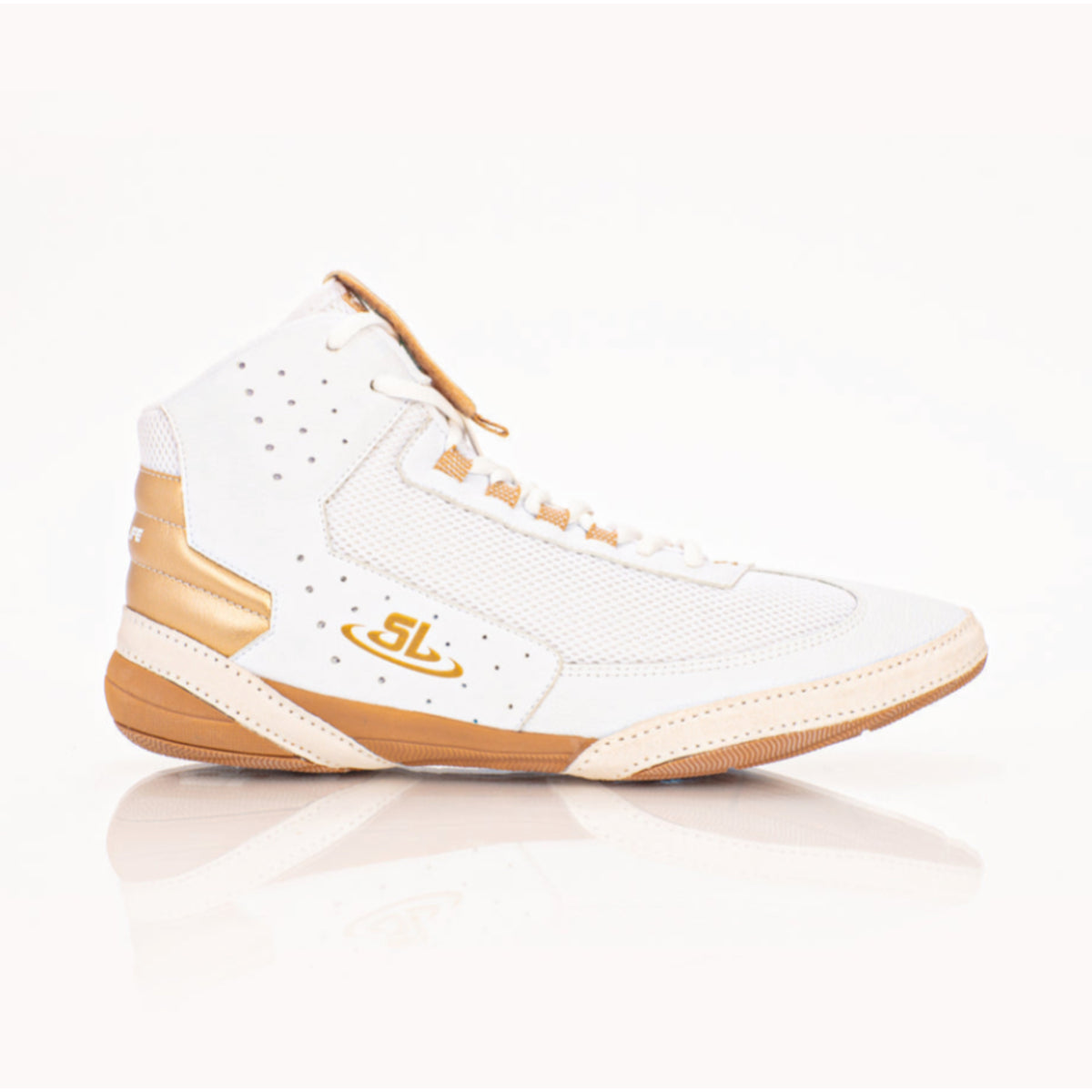 White and brown sneaker with a brand logo on a white background