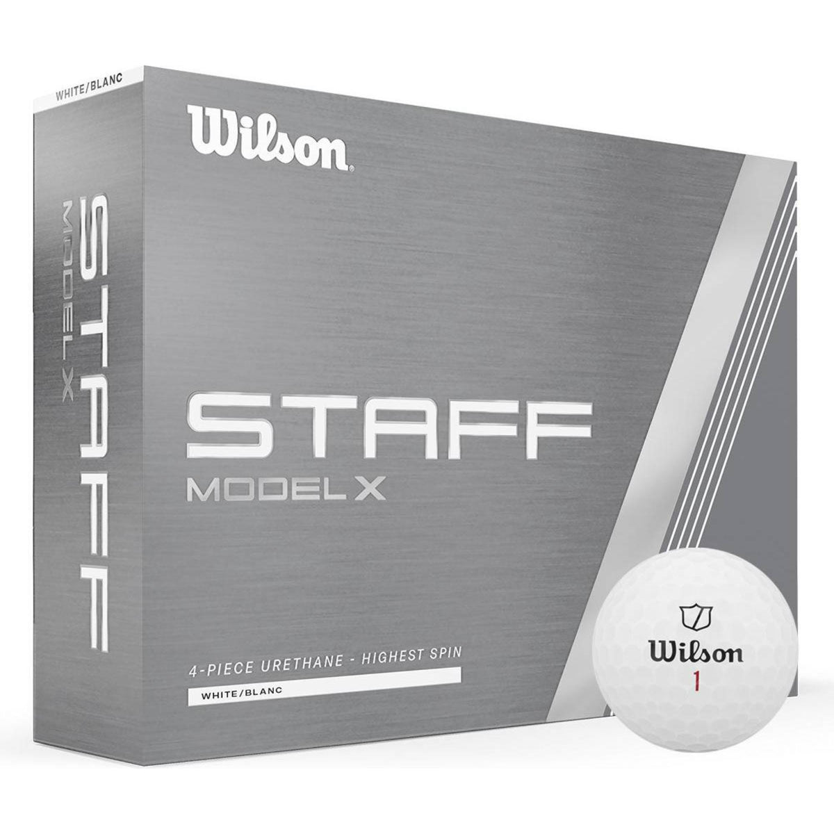 Wilson Staff Model X white golf balls 12 pack with high visibility urethane cover designed for maximum distance, fast ball speed, and tour level spin control from tee to green.