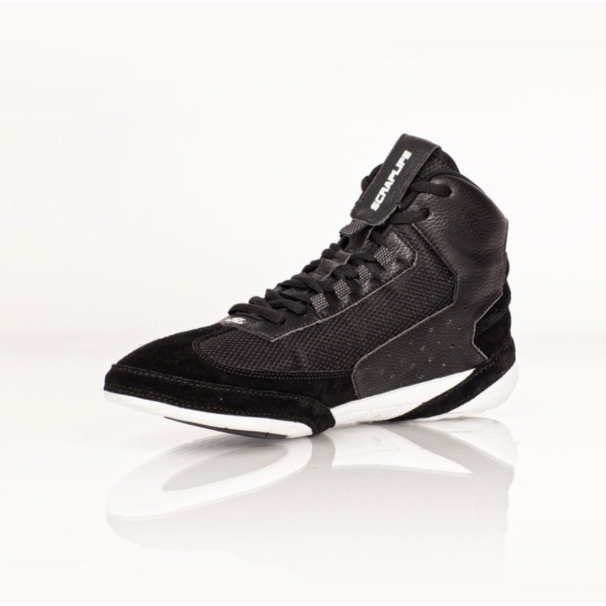 Black high-top sneaker on a white background