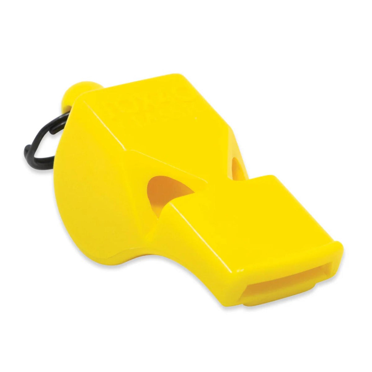 Safety whistle designed for emergency use, featuring a compact shape and key ring attachment for easy carrying.