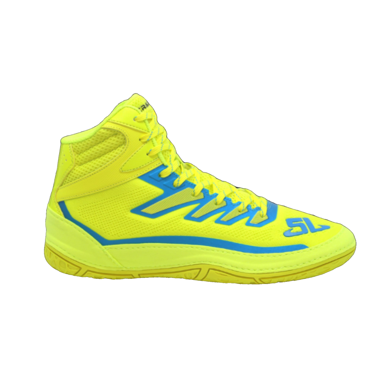ScrapLife Velocity Wrestling Shoe in Yellow/Teal - side view