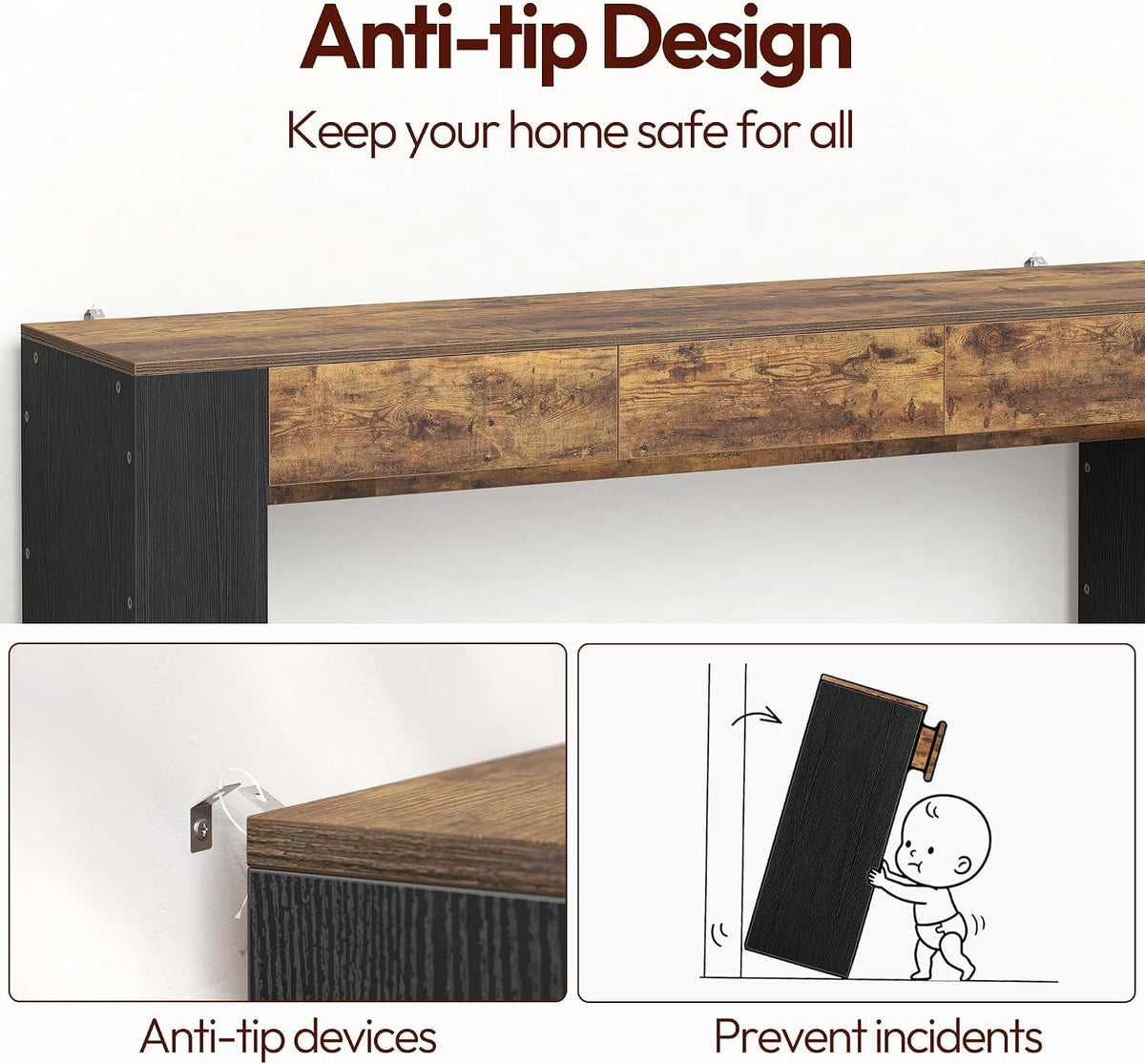 Console Table with 3 Drawers in Rustic Brown And Black or Oak - View 9