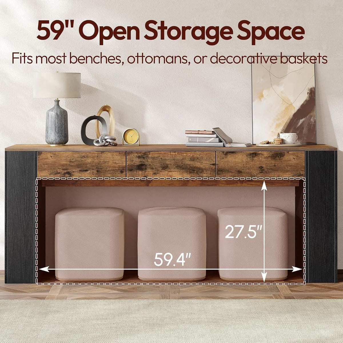 Console Table with 3 Drawers in Rustic Brown And Black or Oak - View 6