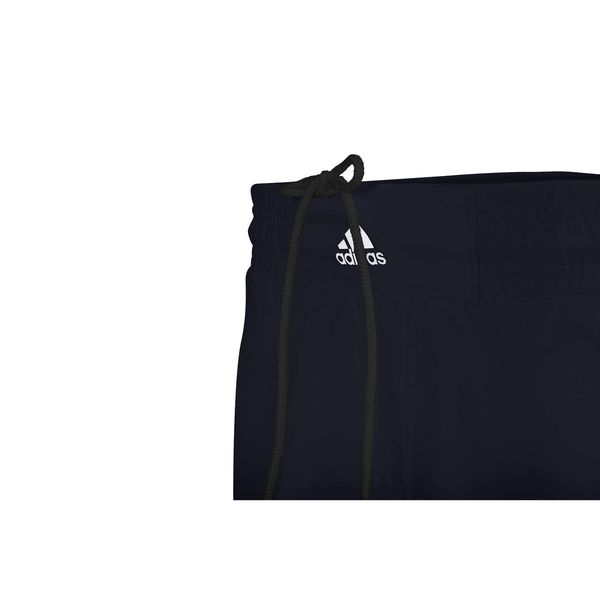 Black Adidas athletic shorts with white three-stripe side detail, shown from a front-right angle on a white background.
