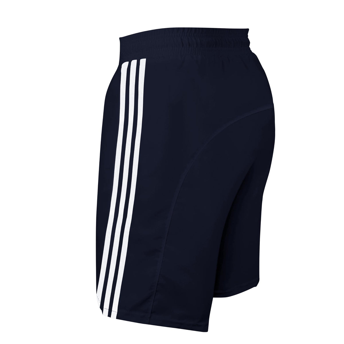 Black Adidas athletic shorts with white three-stripe side detail, shown from a front-right angle on a white background.