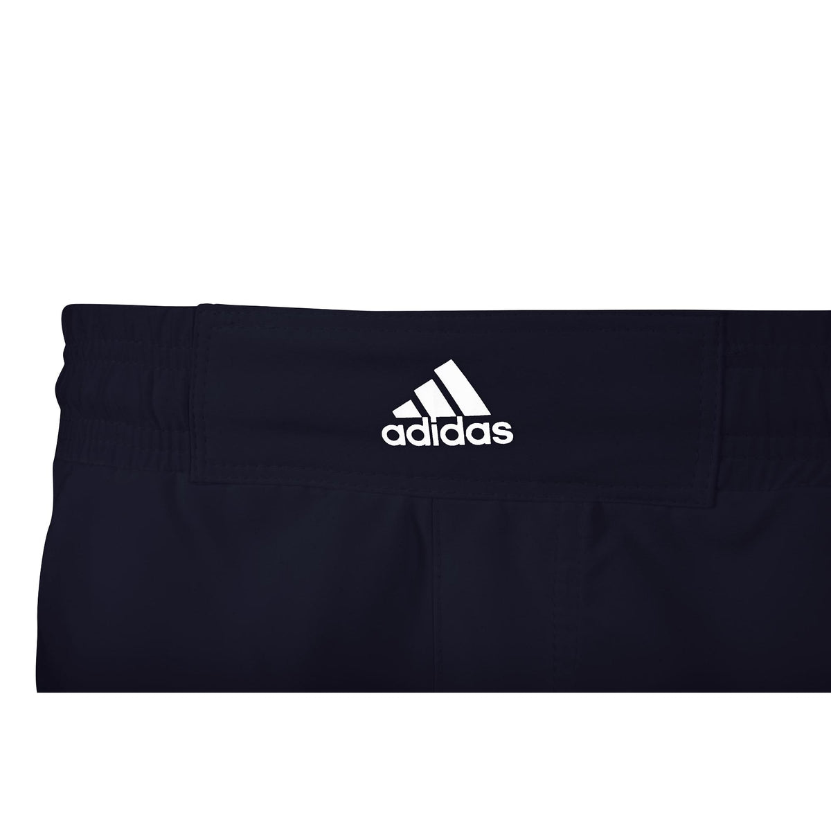 Black Adidas athletic shorts with white three-stripe side detail, shown from a front-right angle on a white background.