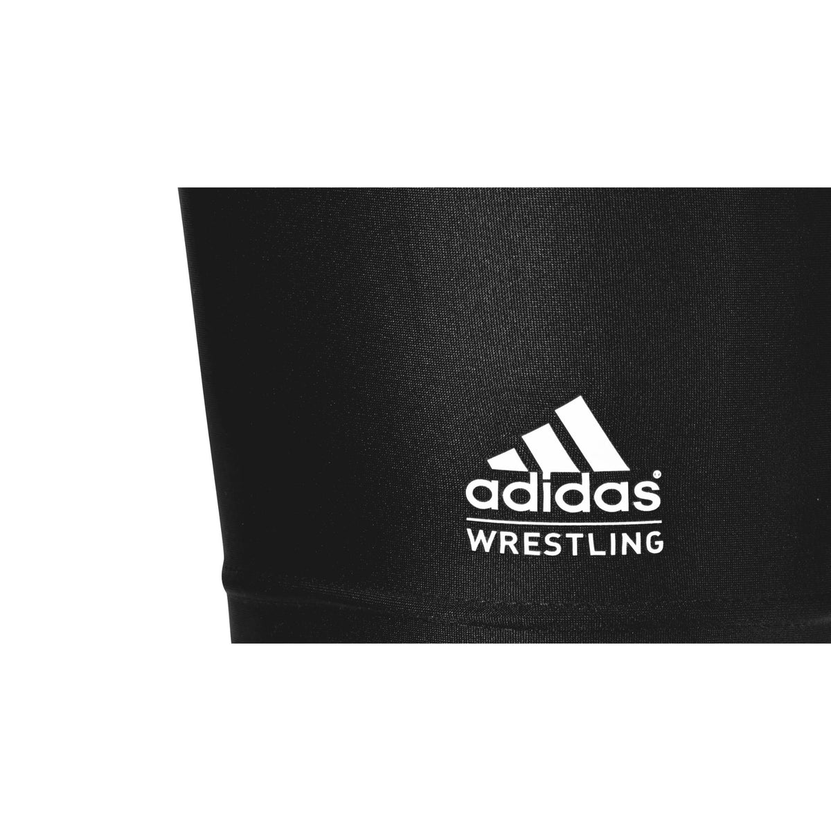 Black Adidas wrestling compression shorts shown from a front-right angle on a white background.