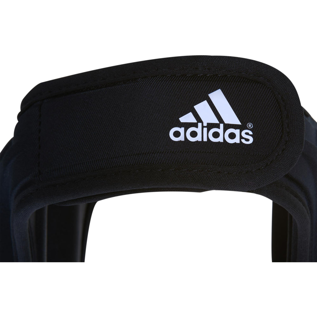 Adidas wrestling headgear with adjustable chin strap and padded ear protection, front view