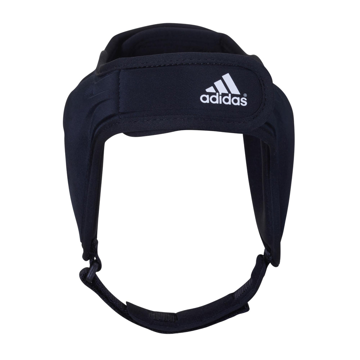 Adidas wrestling headgear with adjustable chin strap and padded ear protection, front view