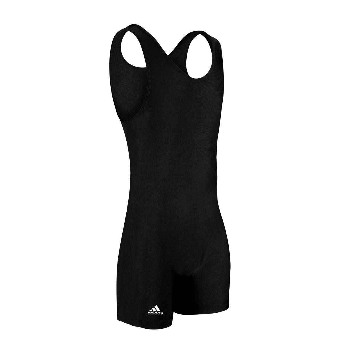Black Adidas wrestling singlet shown from a rear-left angle on a white background.