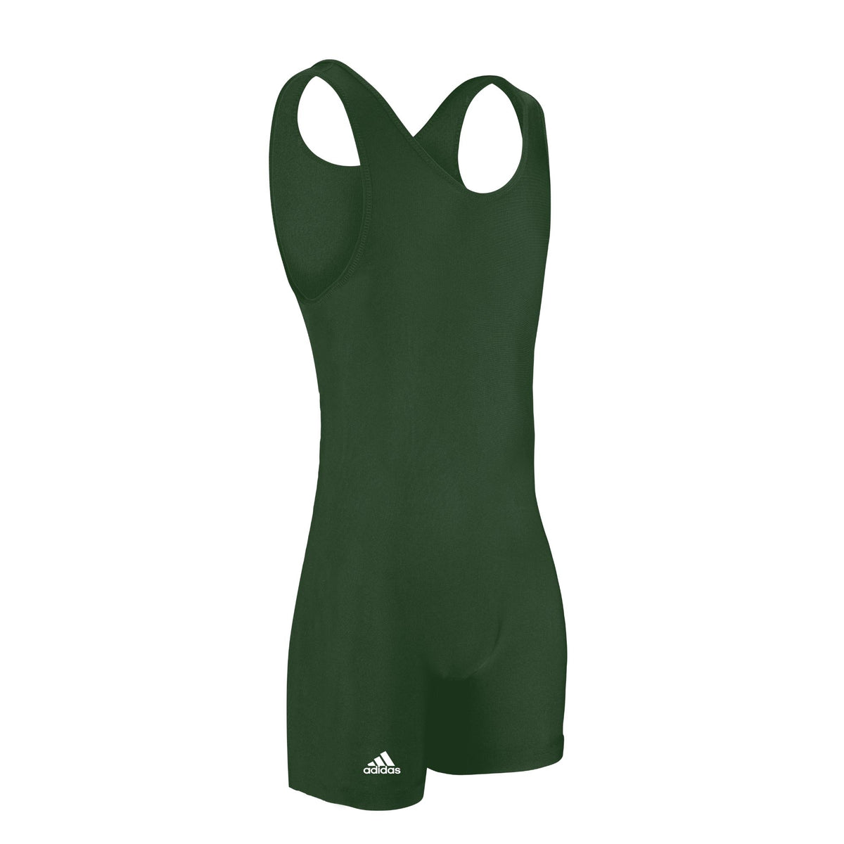 Green Adidas wrestling singlet shown from a front-right angle on a white background.