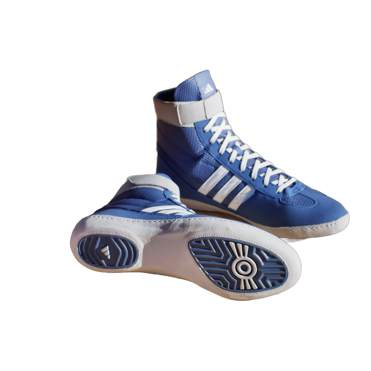 Adidas Combat Speed 4 Royal/White/Grey Wrestling Shoes in Royal/White/Grey - pair and outsole view
