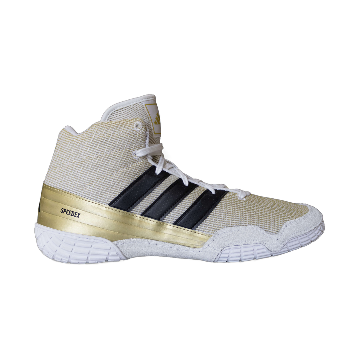 Adidas Speedex White Black Gold Wrestling Shoes in White/Black/Metallic Gold - right side view