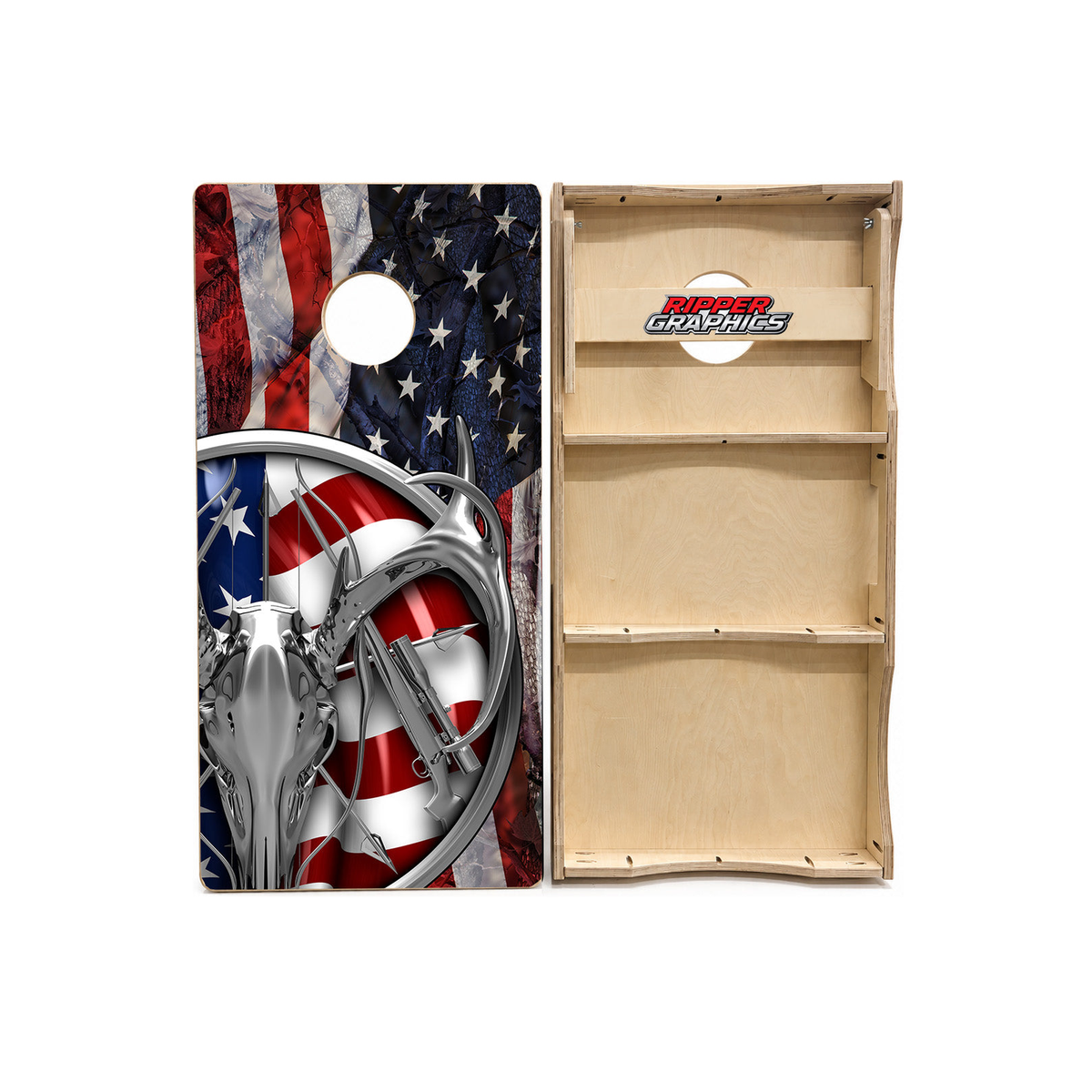 American Deer Hunt Flag Cornhole Design product photo