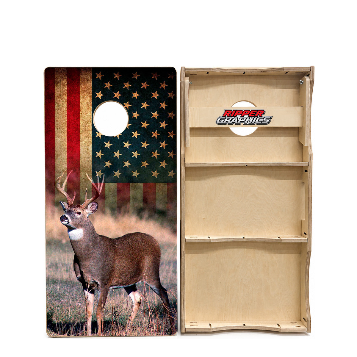 American Flag White Tail Deer Cornhole Design product photo