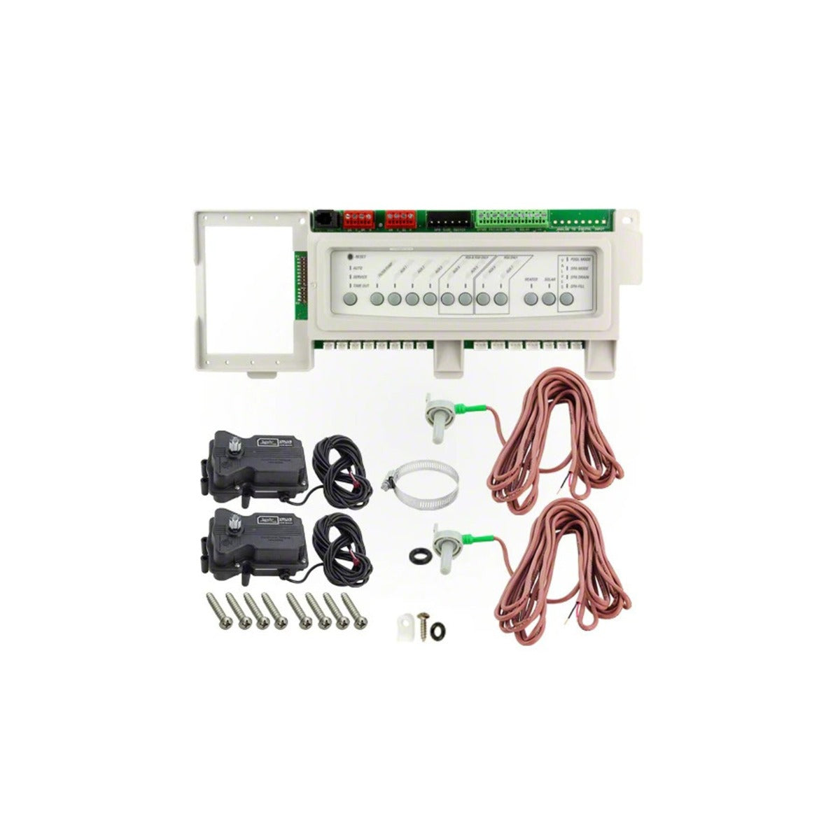 Jandy AquaLink RS pool and spa combo system board with valve actuators and wiring