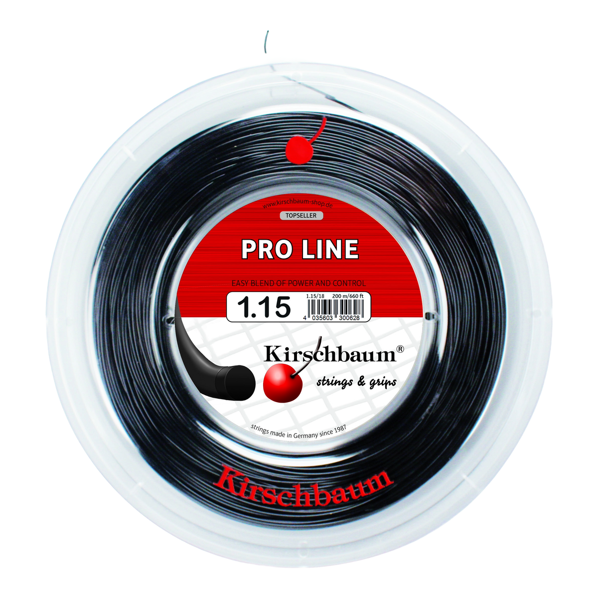 Kirschbaum Pro Line Black Tennis String Reel, 660 ft in 1.15mm / 18L - Front View