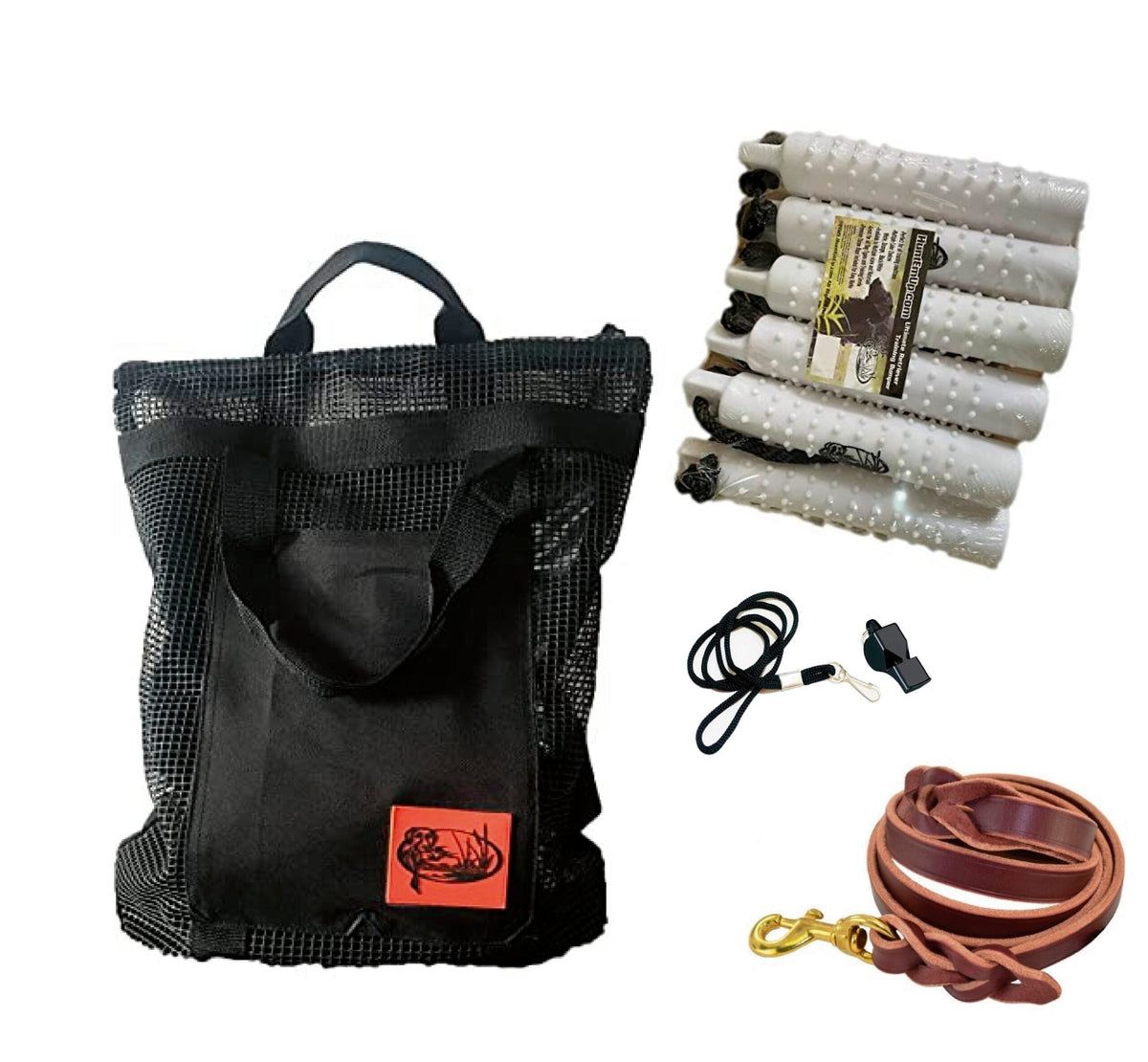 HuntEmUp Hunting Dog Essentials Training Kit - 3 in White Plastic Bumper with Throw Rope 6pc + Mesh Bumper Storage Bag + Whistle & Lanyard + Braided Leash