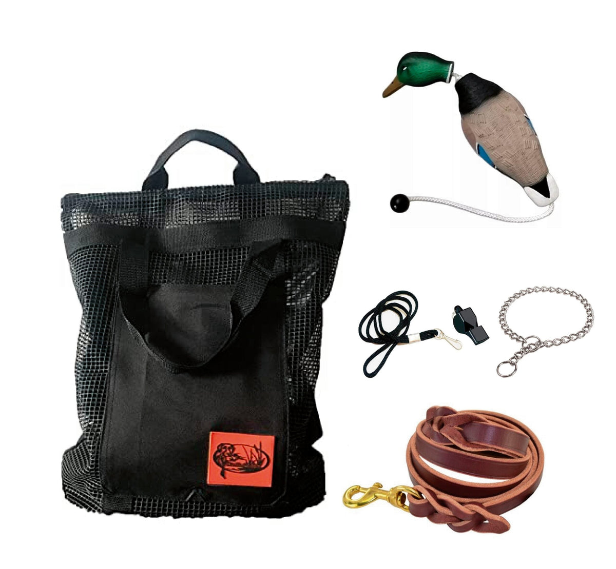 HuntEmUp Hunting Dog Essentials Training Kit - Mesh Bumper Storage Bag + Dead Fowl Mallard Dummy + Whistle & Lanyard + Braided Leather Leash + Training Chain