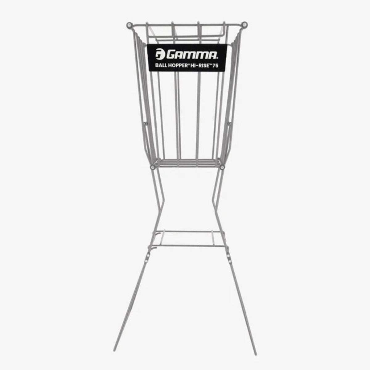 Ball hopper basket with a wire frame design and elevated stand, allowing easy access and storage of balls during practice or training.