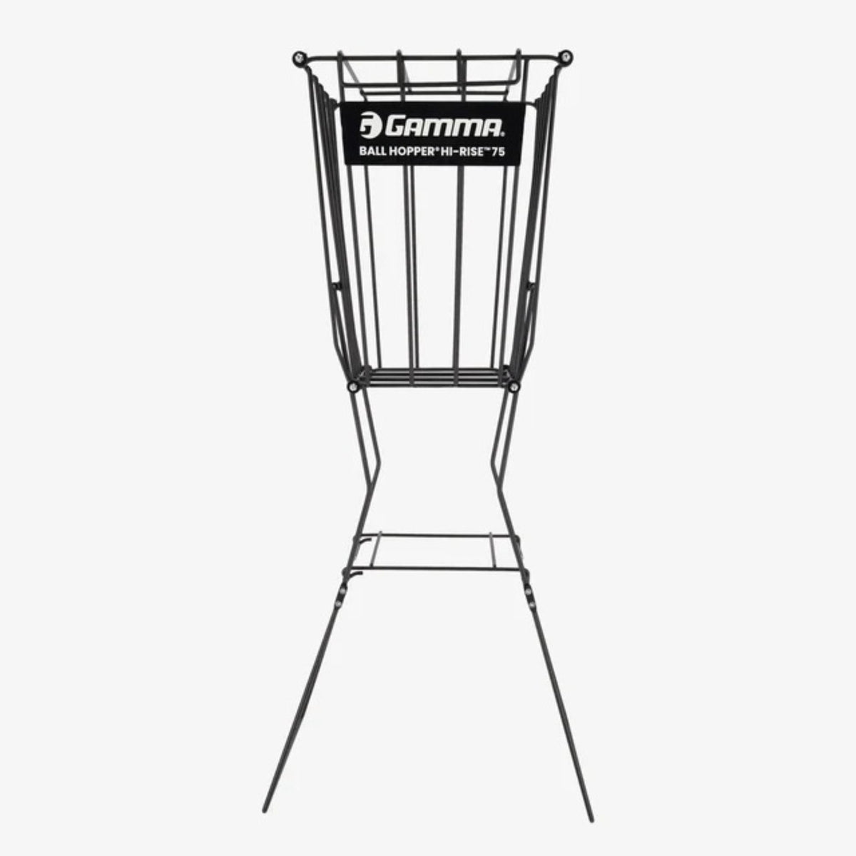 Ball hopper basket with a wire frame design and elevated stand, allowing easy access and storage of balls during practice or training.