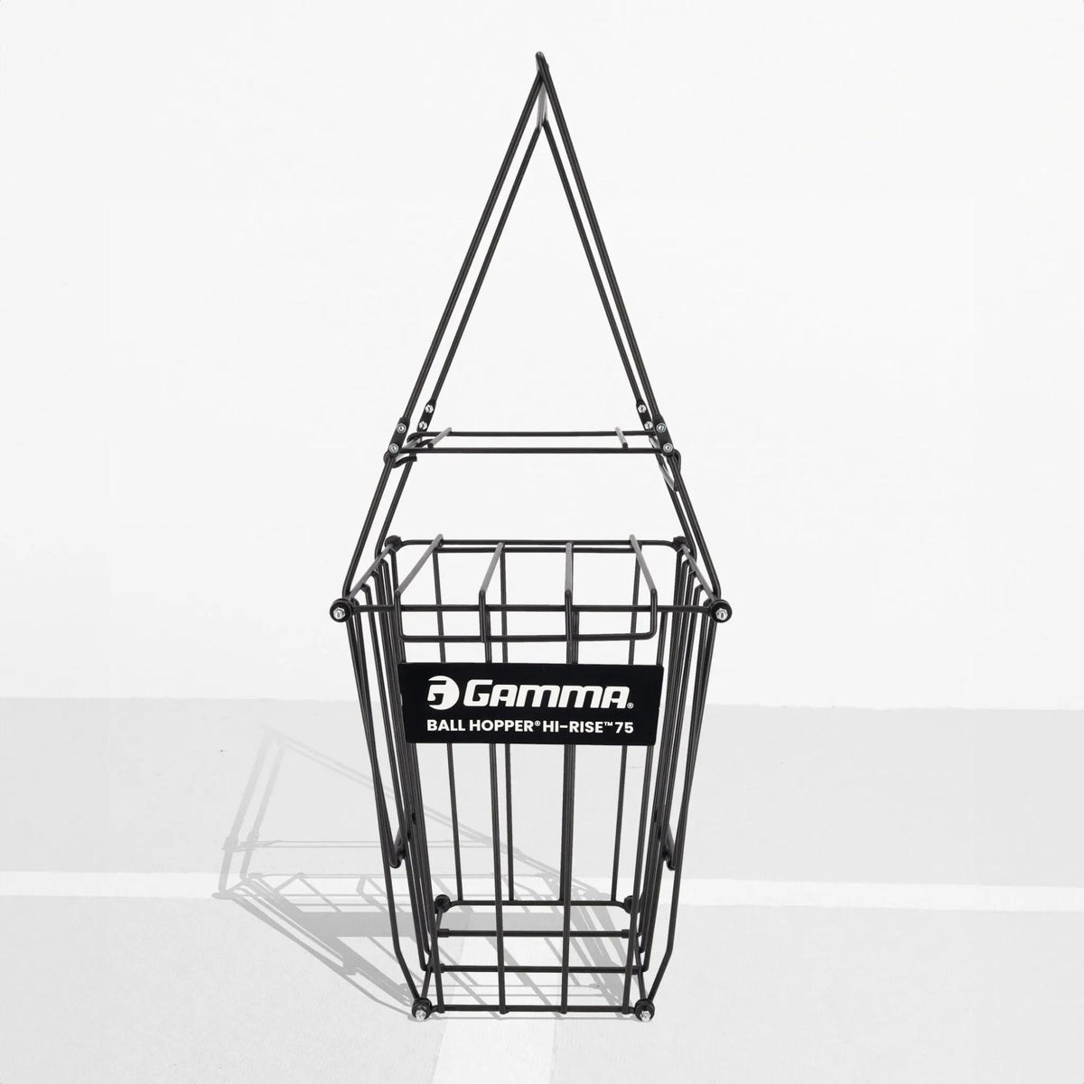 Ball hopper basket with a wire frame design and elevated stand, allowing easy access and storage of balls during practice or training.