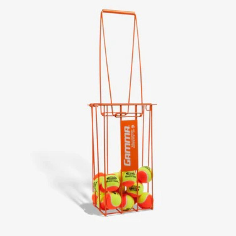 Ball hopper basket with a compact wire frame design and carry handle, ideal for storing and transporting balls during practice or training.