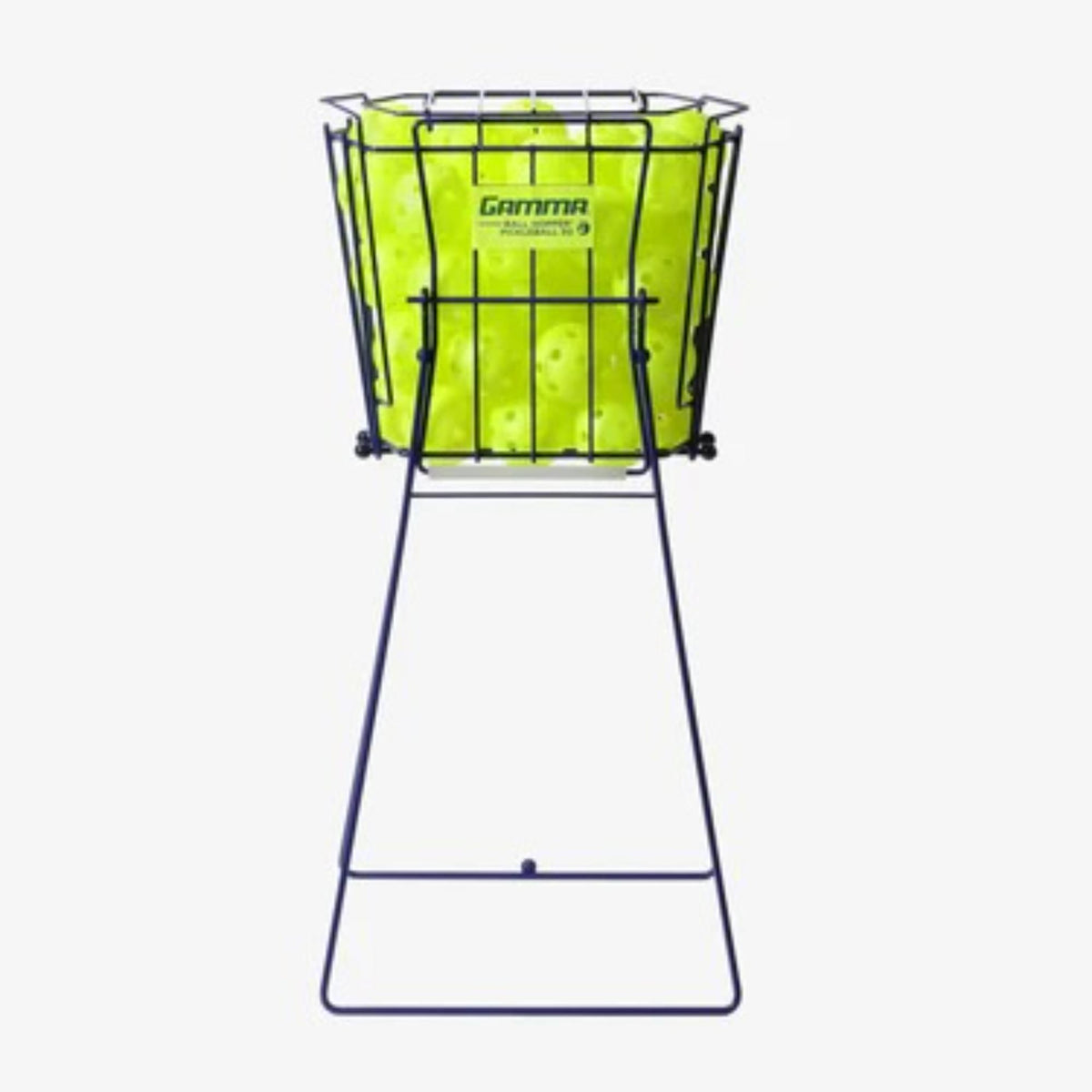 Pickleball ball hopper basket with a wire frame and carry handle, filled with balls for convenient storage and easy access during practice.