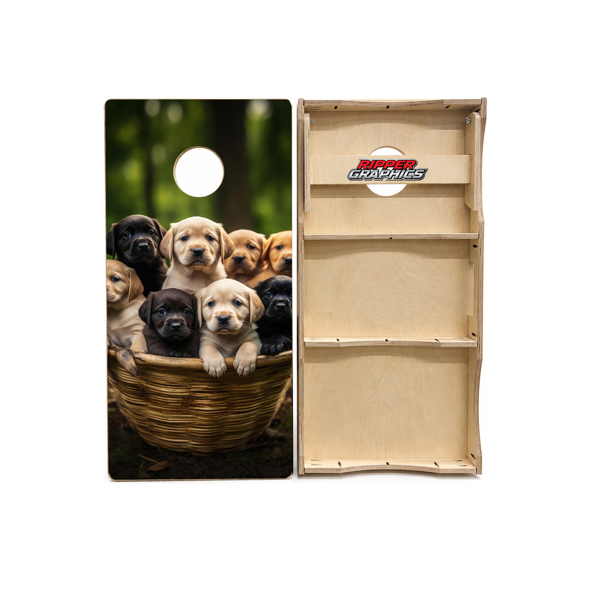 Basket of Cute Chocolate Labrador Retreive Puppies Cornhole Design product photo