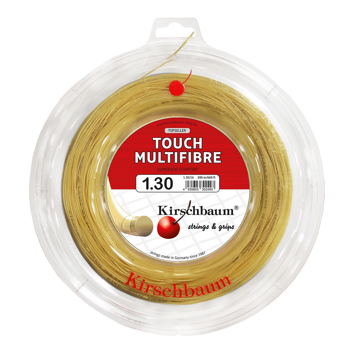 Kirschbaum Touch Multifibre Tennis String Reel, 660 ft in 1.30mm / 16G - Front View
