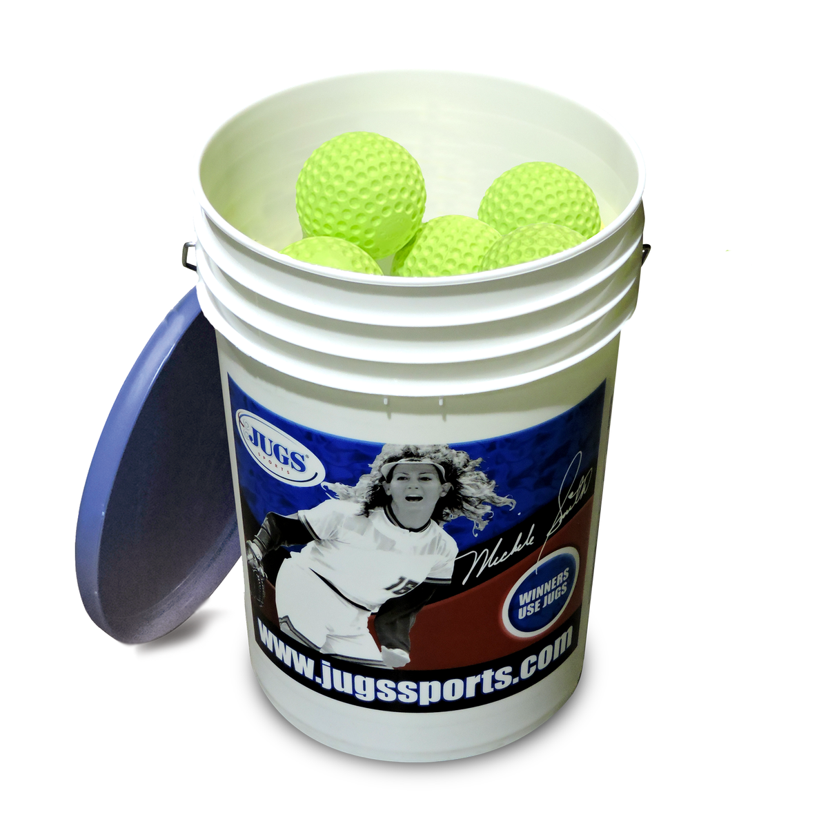 JUGS Bucket of Dimpled Sting-Free Softballs, Game-Ball Yellow in Bucket of 11" Game-Ball Yellow Dimpled Sting-Free Softballs - Front View