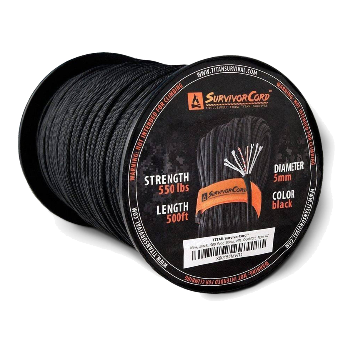 Black SurvivorCord 550 Paracord Spool – 500 ft Survival & Utility Cord - 24-500003 - Great Call Athletics
